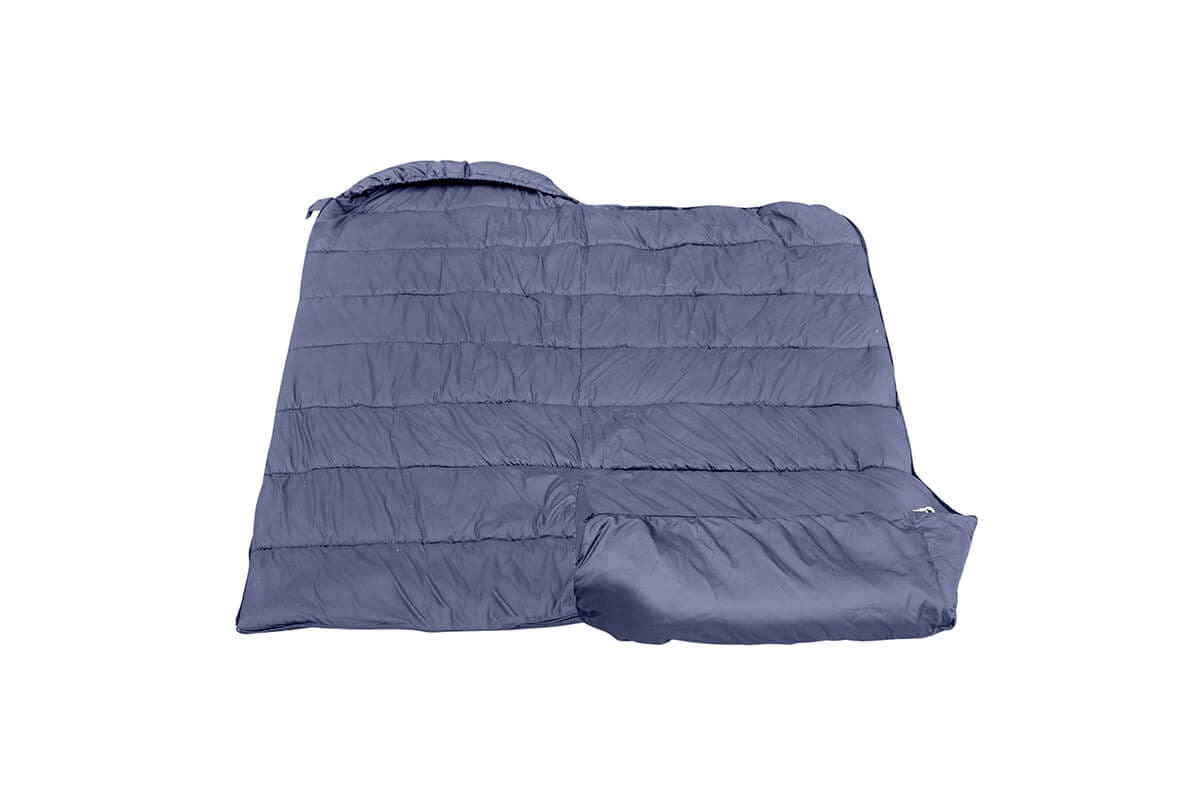 A blue blanket with a pocket on the side.