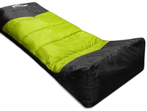 A sleeping bag is shown with the bottom half down.