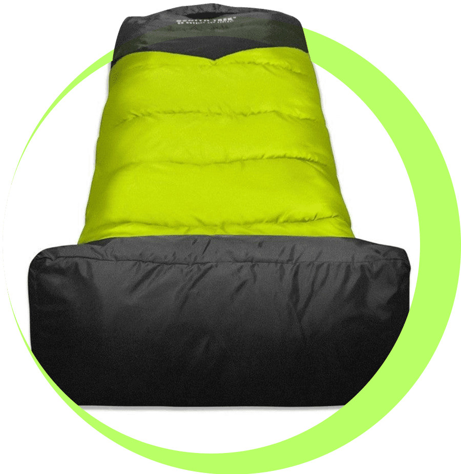 A green and black sleeping bag on top of a white background.